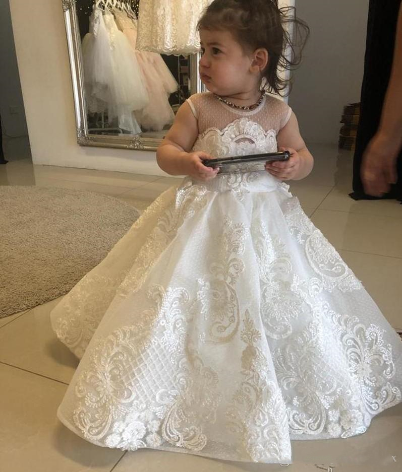 Princess White Lace A Line Flower Girls Dresses For Wedding Sheer Jewel Neck Appliques Long Kids Toddler Pageant Gowns First Communion Dress Brithday 