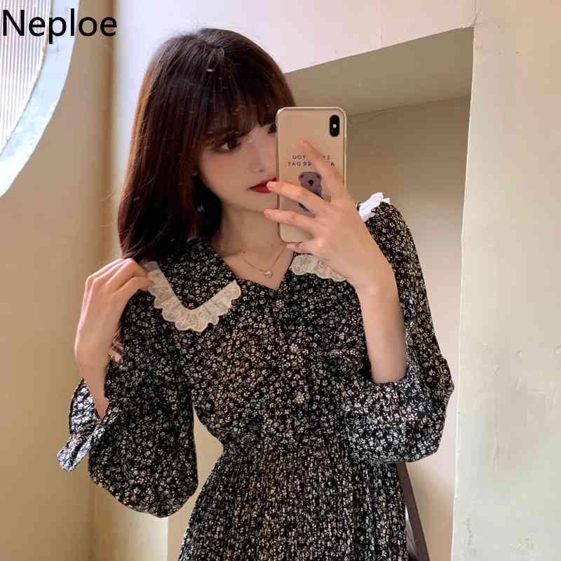 Neploe Women Dress Retro Floral Chiffon Vestidos Spring Plus Size Lace Patchwork Ropa Mujer Long Sleeve Slim Waist Midi Dresses 210422