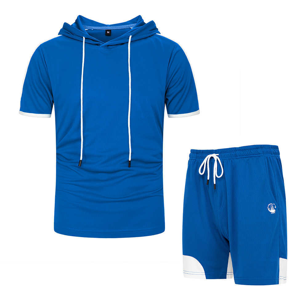 Fashion T-shirt Shorts Set Men Summer Patchwork Tracksuit Hooded T Shirts Man Casual Tee Shirt Sets Sweat Suits Sportswears 2pcs 210603