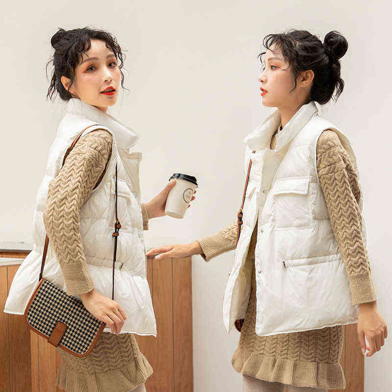 Winter Down Vest Women Short Sleeveless Jacket Lightweight BodyWarmer Waistcoat Female White Gilets Windbreaker Coat 211120