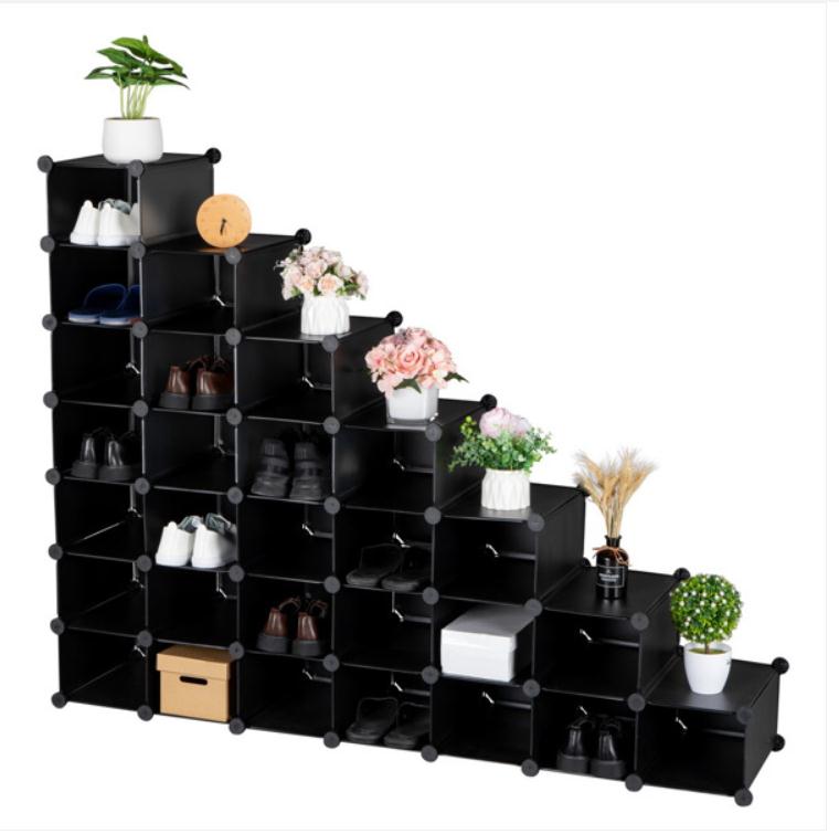 2022 Boxes & Bins 7-Tier Shoe Rack Space Saving 28-Pair Plastic Units Cabinet Storage Organizer Ideal for Entryway Hallway Bathroom Living Room Black
