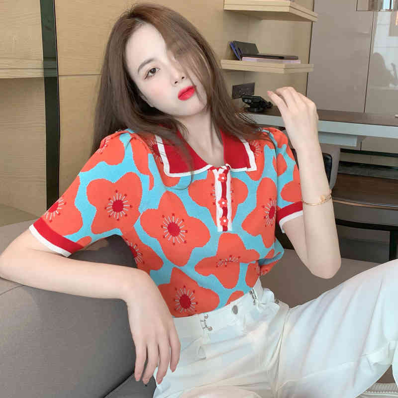 Korea Chic Summer Temperament Elegant Sweet Flowers Turn Down Collar Short Sleeve Pullover Knitted Sweaters Women's Tops 210518