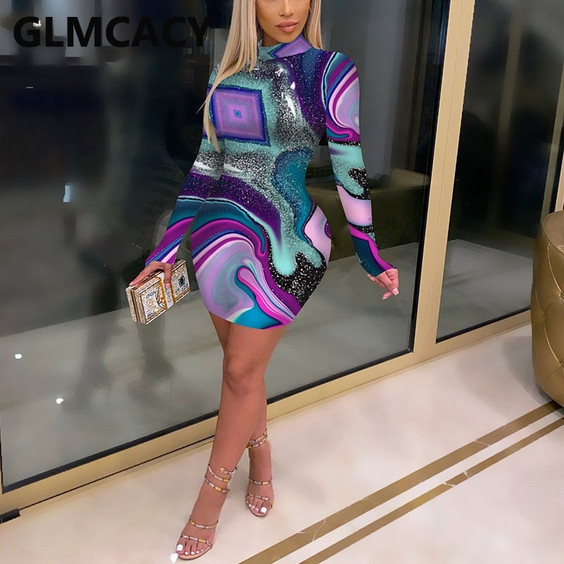 Women Long Sleeve Bodycon Mini Dress Abstract Printed Slim Dresses 210702