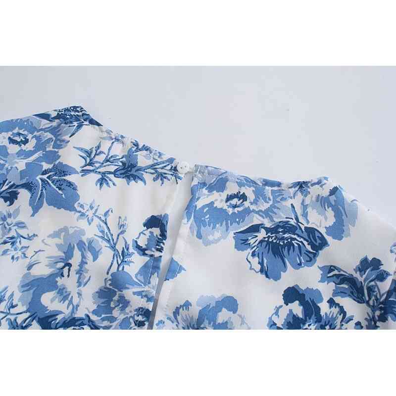 Retro Blue White Floral Print Mid Long Slit Dress Woman Vintage French Split Back Elastic Cuff Chiffon Dresses Holiday 210429