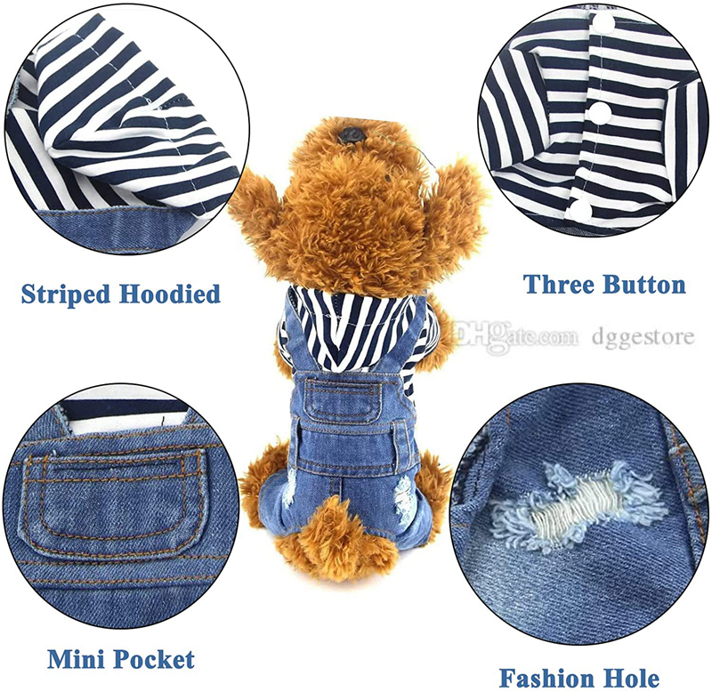 Dog Apparel Denim Striped or Grid Pet Dogs Jumpsuits Puppy Cat Hoodie Jean Coat Four Feet Clothes for Small Doggy Teddy Yorkies Sweatshirt Jeans Blue 