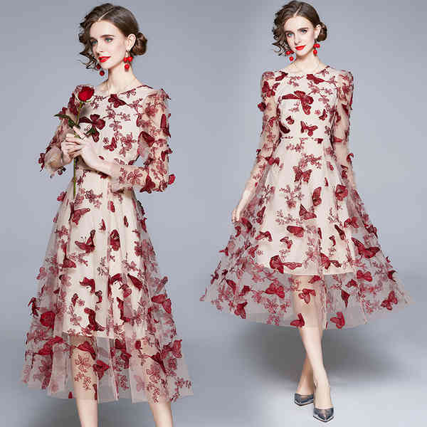 Vintage Mesh Butterfly Embroidery Dress Vestidos Women Spring Elegant O-Neck Puff Sleeve High Waist Slim 210519