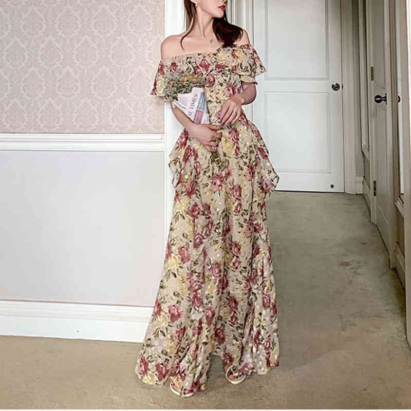 French Elegant Vintage Dress Women Floral Floor-Length Beach Dress Sexy Wedding Party Long Dress Female Korea Style Summer 210329