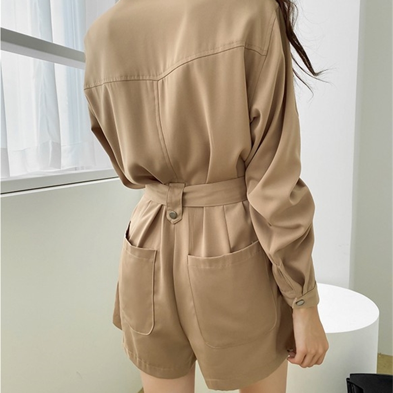 Fashion Elegant Belted Single-breasted Women Short Jumpsuit Stand Collar Long Sleeve Office OL Slim Romper Overalls 210519
