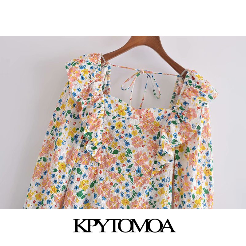Women Chic Fashion With Ruffled Floral Print Mini Dress Long Sleeve Side Zipper Female Dresses Mujer 210420