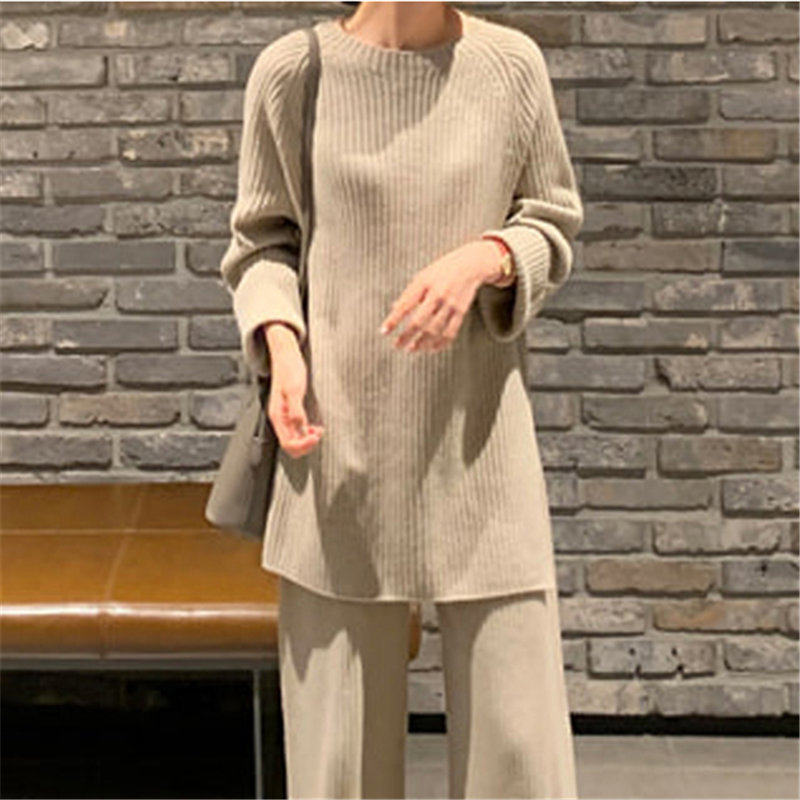 Office Lady Solid OL Brief Chic Split Sweaters+All Match Vintage Casual Wide Leg Pants Set 2 Pieces Sets 210421