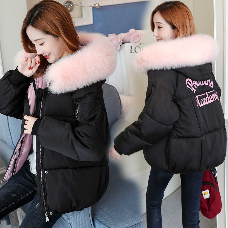 LY VAREY LIN Winter Short Cotton Jackets Women Letter Printing With Fur Collar Hooded Coats Casual Thicken Bubble 210526
