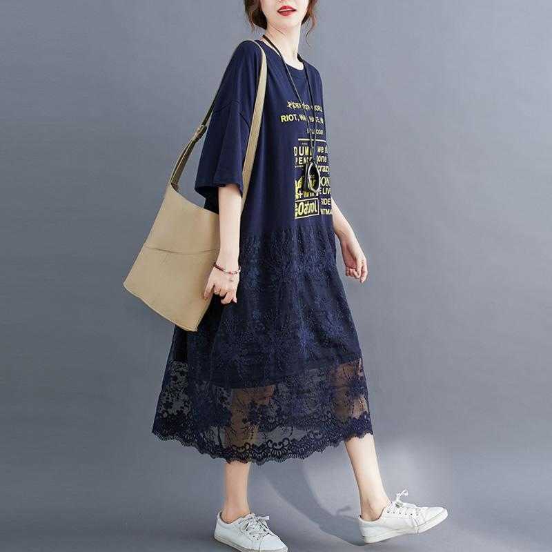 Plus Size Lace T Shirt Summer Dress Korean Cotton Loose Ladies Dresses for Women 4xl 5xl 6xl 7XL Oversized Long Midi Dress 210630