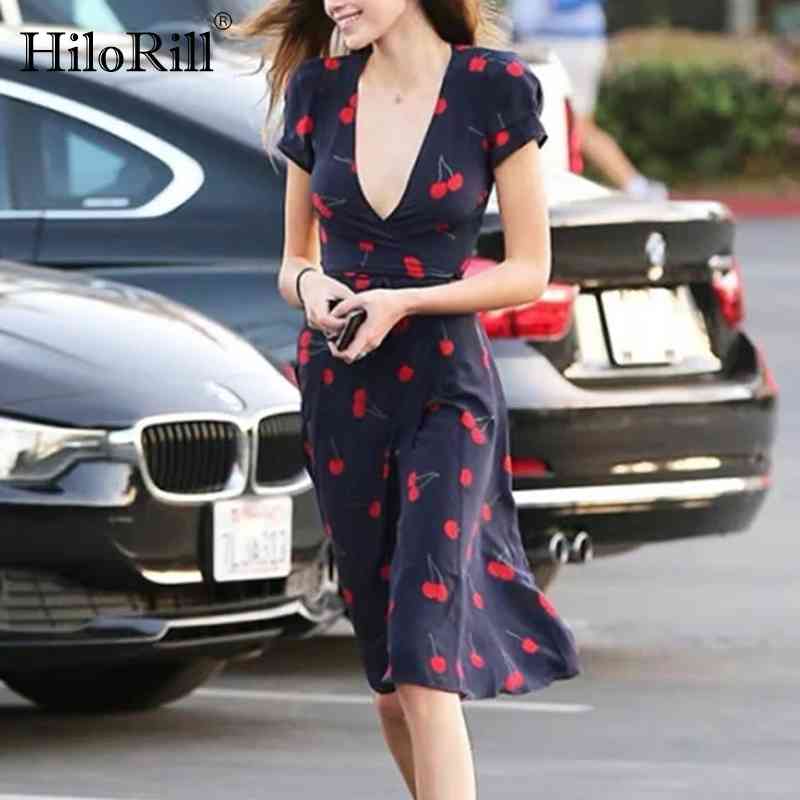 Vintage Cherry Print Midi Dress Women Sexy Deep V Neck High Split Wrap Summer Short Sleeve Boho Casual es 210508