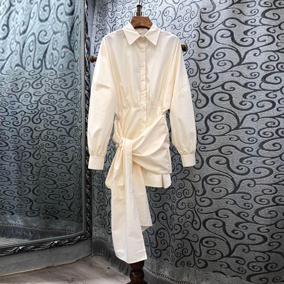 Free Fashion Women Pure Cotton Shirt Dress Sexy Lapel Lantern Sleeve Asymmetric Belt Party Vestido 210524