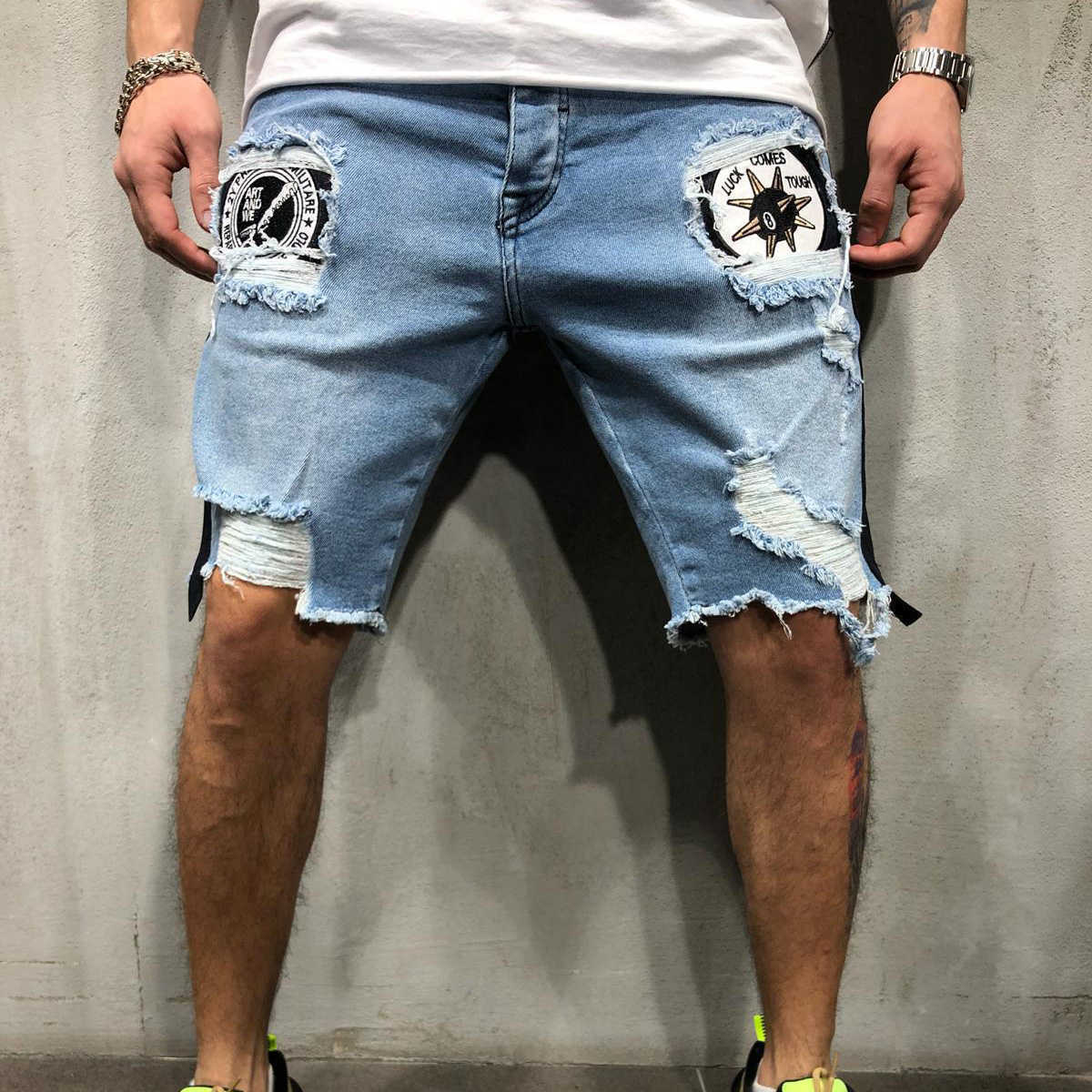 New Men hole embroidered Short jeans Slim knee length male Casual Thin Summer Denim Pants Classic X0621