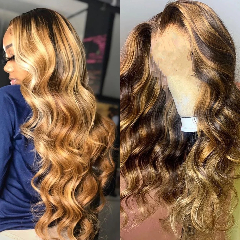 Highlight brazilian HD Transparent frontal Wig body wave Remy Ombre Honey Blonde And Brown well balayaged lace front Wigs full natural 150% diva1
