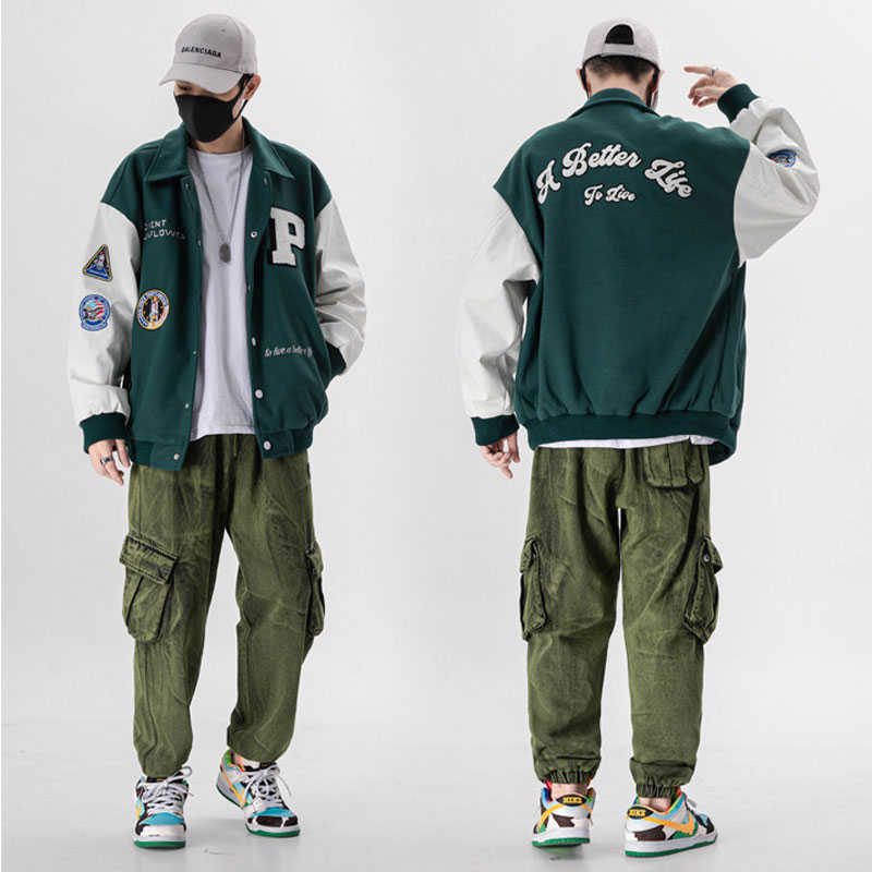 Men's Varsity Uniform Baseball Jacket PU Leather Sleeve Single Breasted Appliques Bomber Jacket Embroidery Patches Casual Coat 210818