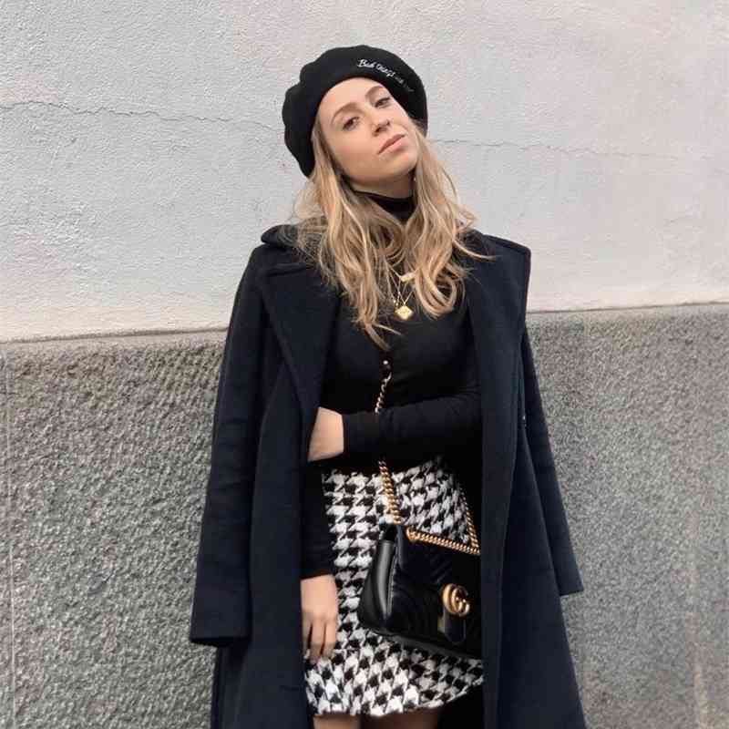 Sexy Tweed Open Buttons Package Hips Check Plaid Mini Short Trumpet Skirt Mermaid Black White Contrast color Autumn Winter 210429