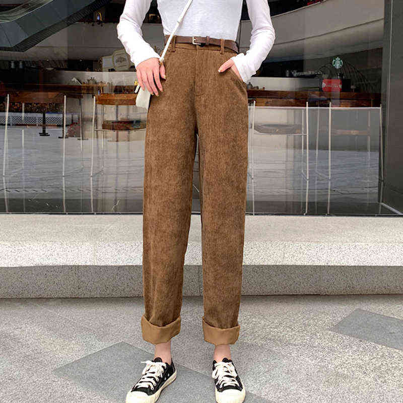 Zoki High Waist Corduroy Pants Fashion Belt Autumn Wide Leg Full Spring Korean Pure Cotton Black Streetwear Ladies Trouser 211115