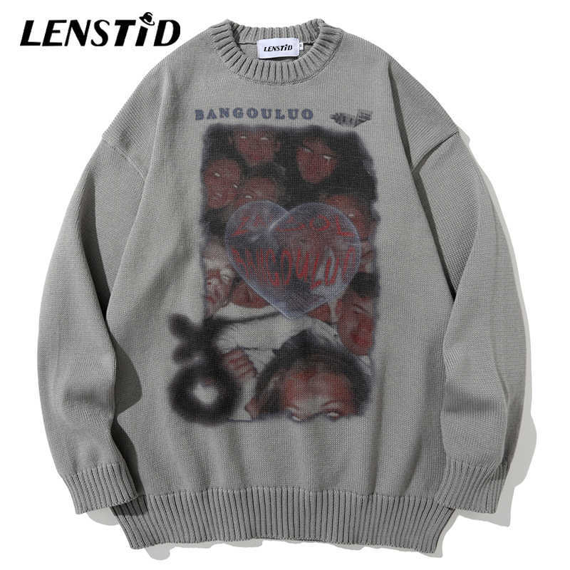 LENSTID Men Hip Hop Knitted Jumper Sweaters People Heart Print Streetwear Harajuku Autumn Oversize Casual Fashion Pullovers 211008