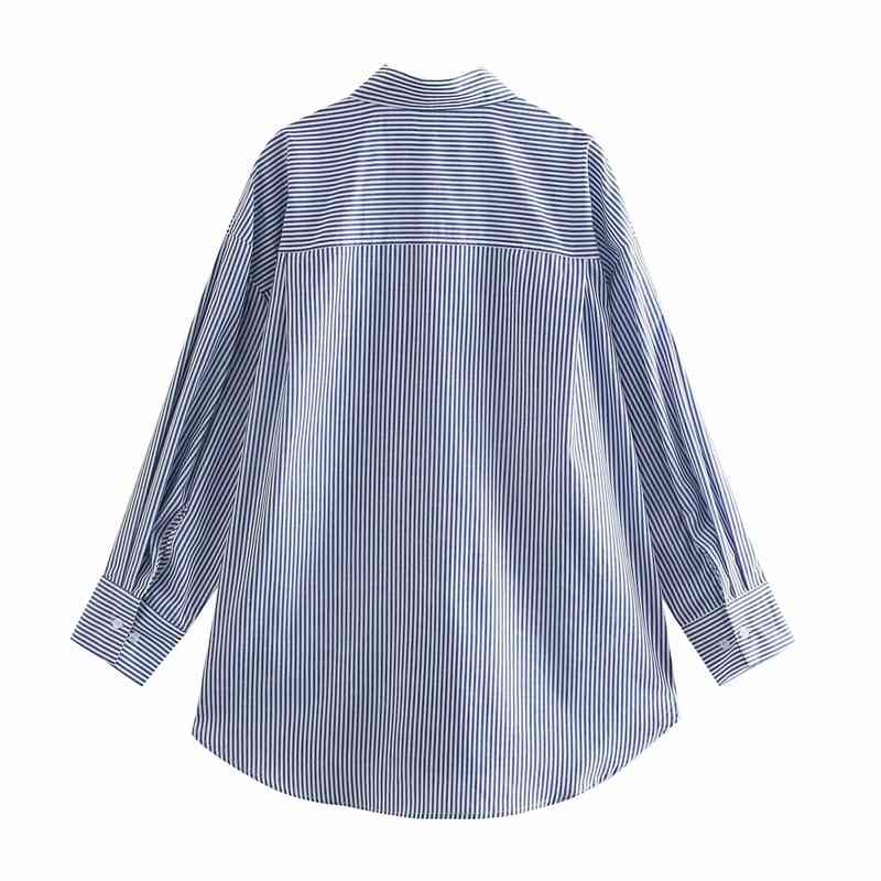 Streetwear Women Blue Striped Shirts Fashion Ladies Cotton Loose Tops Causal Female Chic Turn Down Collar Blouses 210430