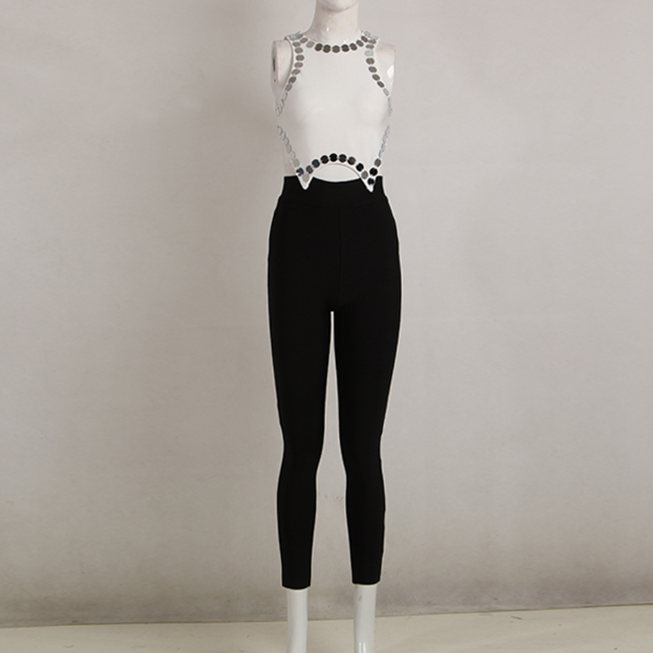 Women'S Bandage Jumpsuit Celebrity Party Sexy Bodycon Black And White Stitching Sequins Sleeveless 210525