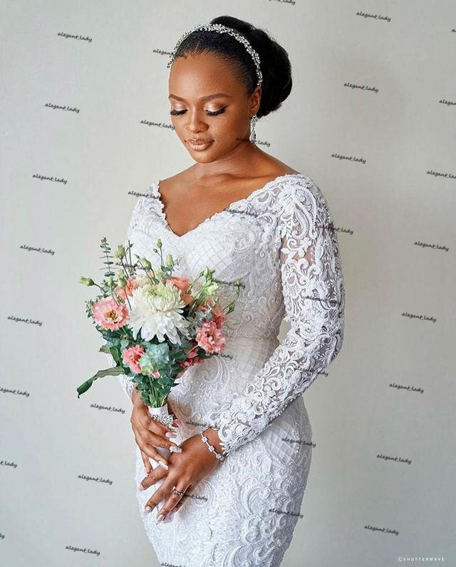 African Plus Size Wedding Dresses 2021 Long Sleeve Solid Lace Applique Arabic Aso Ebi Mermaid Garden Church nerigania Bridal Dress