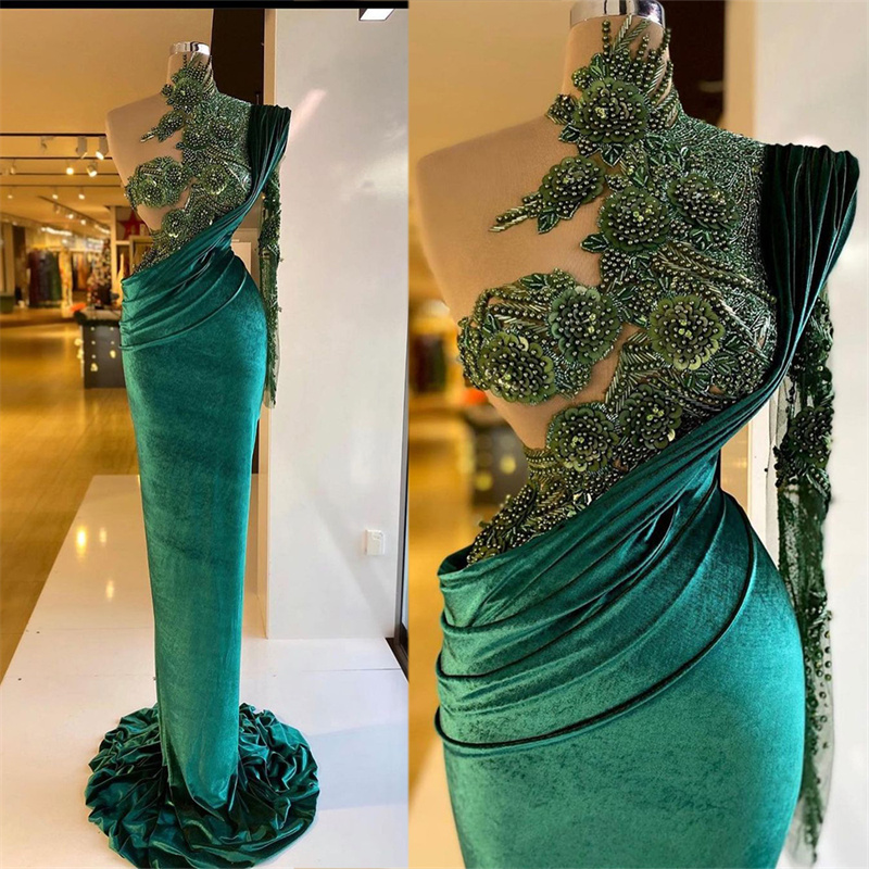 Emerald Green Mermaid Prom Dresses One Shoulder Lace Appliques Beads Flower Evening Dress Custom Made Ruffles Party Gown
