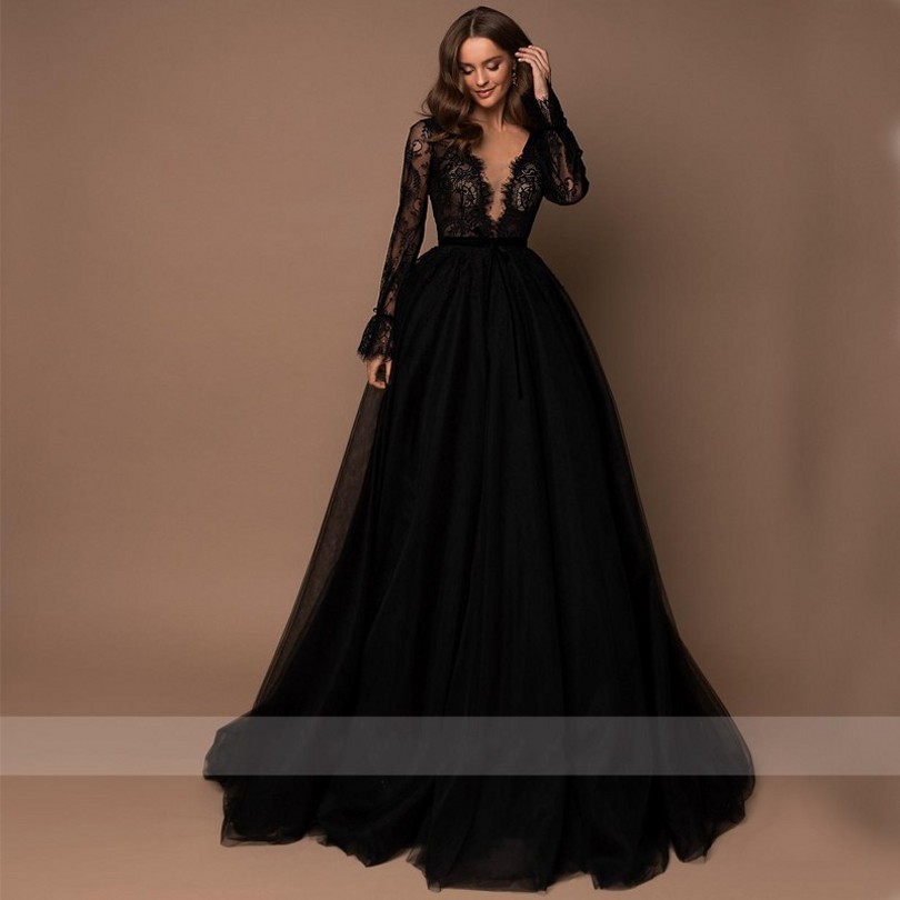 Sexy Prom Dress V-Neck Lace Appliques Long Sleeve Belt Tulle A-line Zipper 2022 Women Formal Evening Gowns Black robes de soirée Vestidos de Fiesta