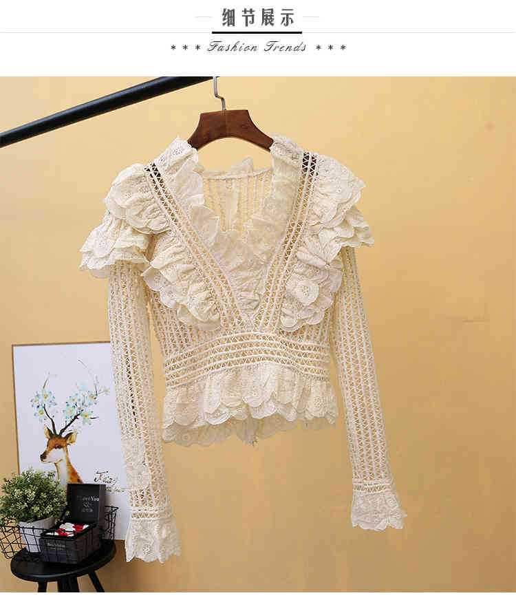 Comelsexy Runway Deep V Neck Long Sleeve Ruffles Trimmings Cropped Lace Tops Shirt Women Blouses Korean Fashion Clothing 210515