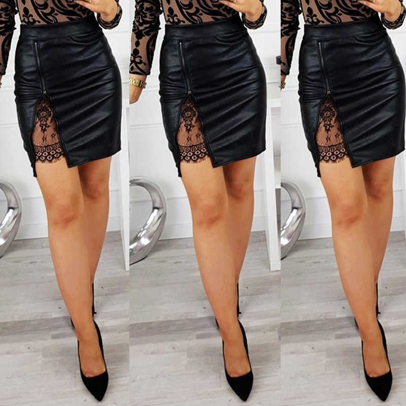 Women Skirt PU Leather Lace Mini Female Clothing Sexy High Waist Zipper Hollow Out Bag Hip Pencil Outfits 210621