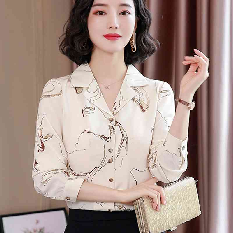 Korean Fashion Clothing Autumn Printed Chiffon Long Sleeve V-Neck Blouse Shirt Woman Blusa Office Shirts 02A 210420