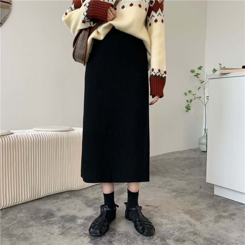 Autumn Winter High Waist Vintage Solid Knitted Skirt Female OL Elegant Fashion Package Hip Long Skirts Womens 4 Color 210421