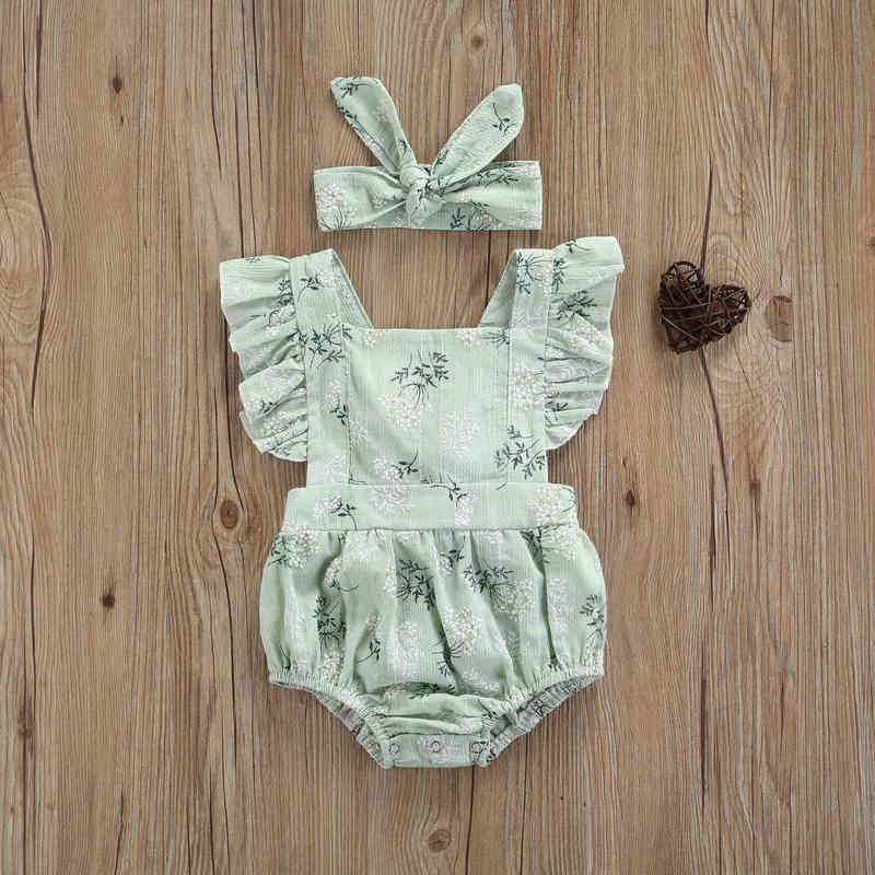 Infant Lace Romper + Bow Turban, Flower Print Elastic Sweet Style Little Princess Romper Outfit Summer Baby Girl Clothes G1221