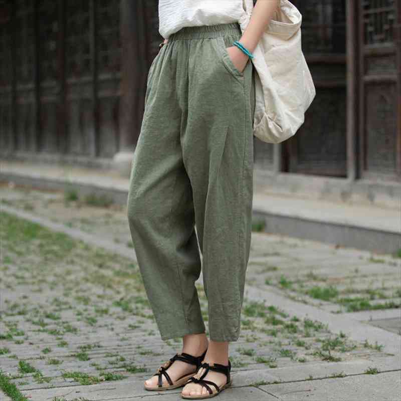 women pencil pants cotton linen solid color elastic waist trouser spring vintage chinese style female pants, Black;white
women pencil pants cotton linen solid color elastic waist trouser spring vintage chinese style female pants, Black;white
