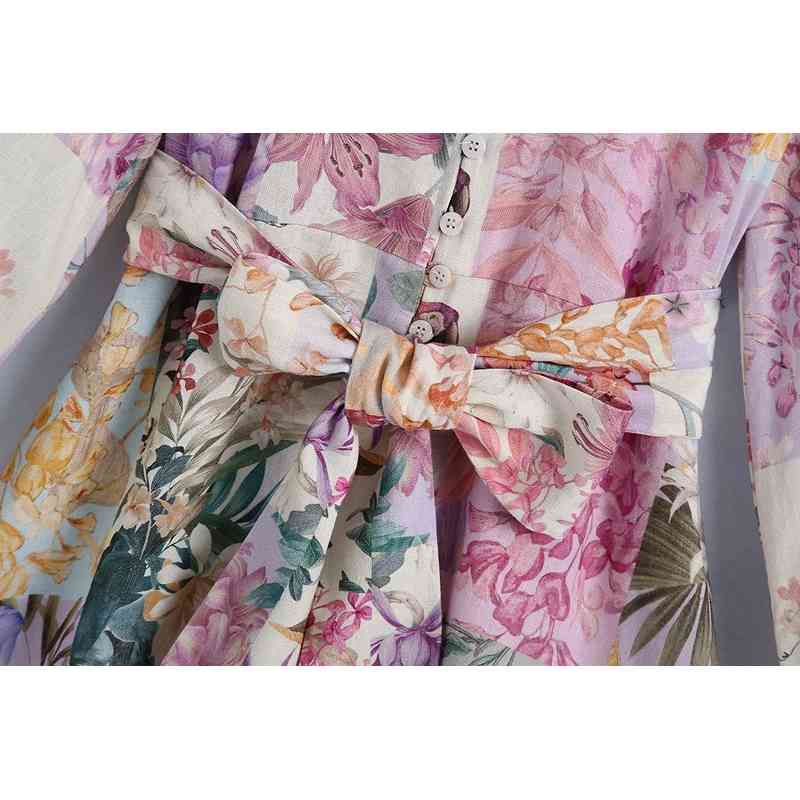 Spring Autumn Single-Breasted Flower Print Lace-Up Dress Female Long-Sleeve Comfortable Shirt Casual 210514