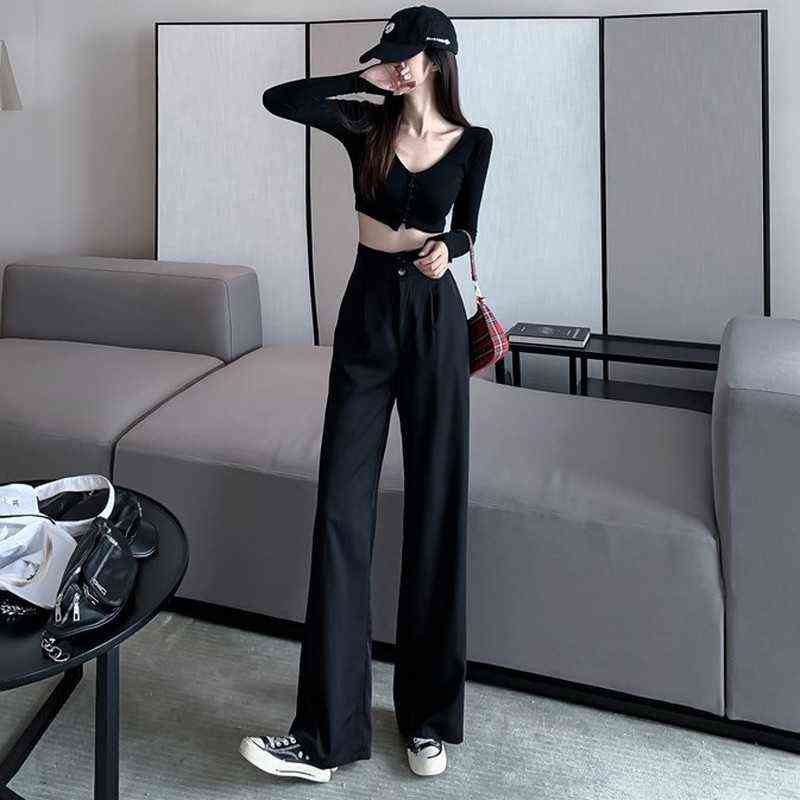 Women Casual Pants Loose Style Straight Suit High Waist Chic Office Ladies Trousers Streetwear Female 211115