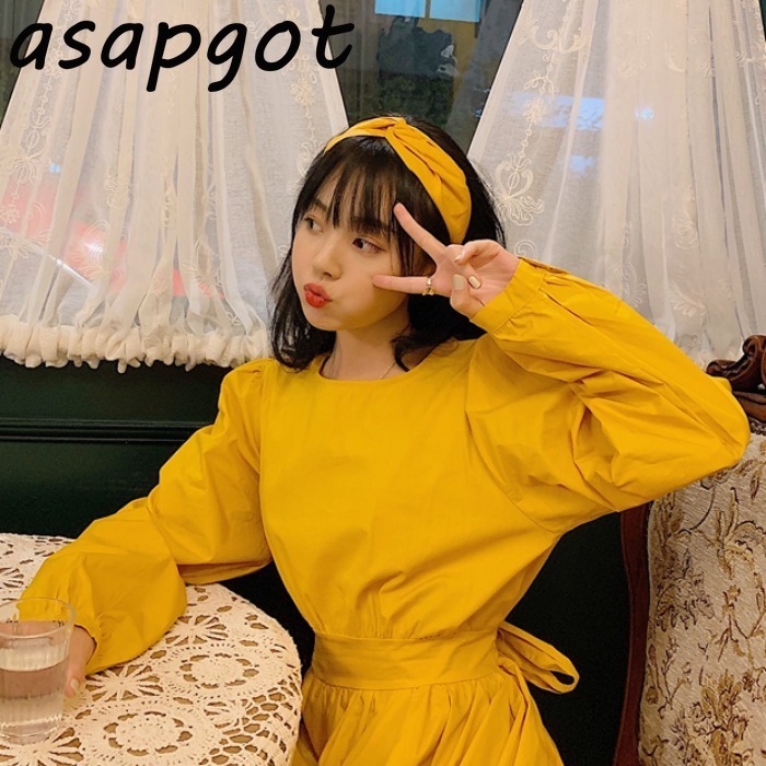 Autumn O Neck Puff Long Sleeve Yellow Dress Women Retro Casual Loose Lace Up Waist Temperament Chic Korean Vestido Feminino 210429