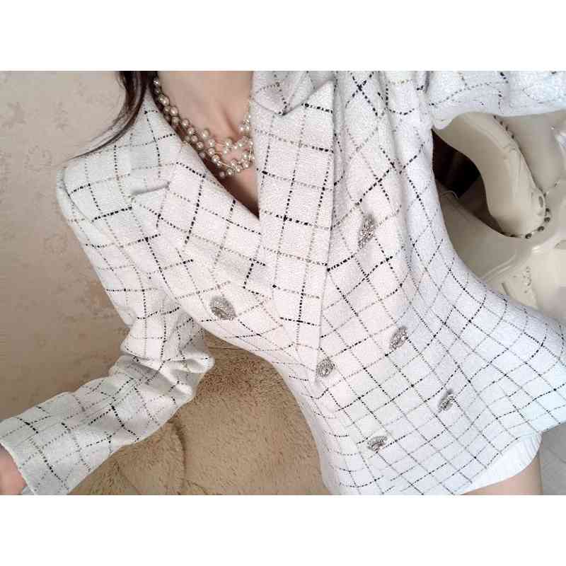 Black /White Plaid Tweed Jacket Double Row Diamond Button Long Coat Fall/Winter Ladies Sparkle Sequin Lady 210520