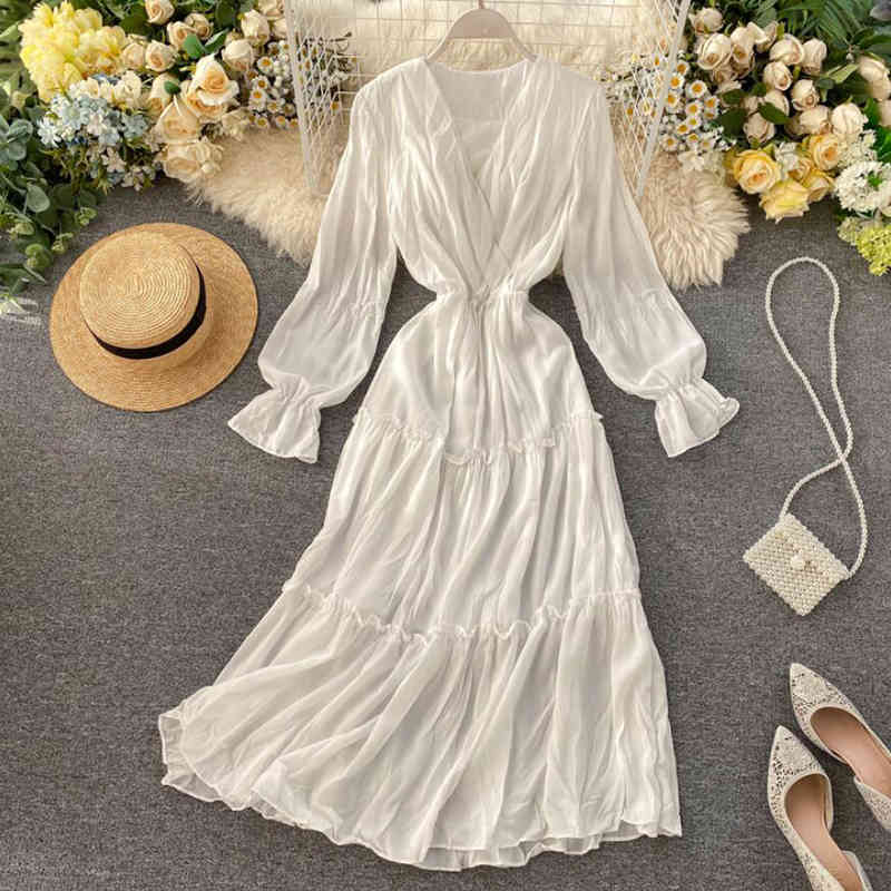 Pink Party Dress Women Spring Summer Elegant Long Sleeve V-neck Folds Chiffon Dress High Waist Vintage Solid Midi Dresses 210521