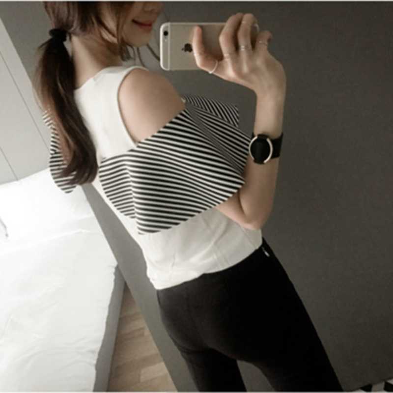 Off Shoulder Tops Women Korean-style Summer Wild Cotton Ladies Shirts Stripes Casual Fashion Female 210615
