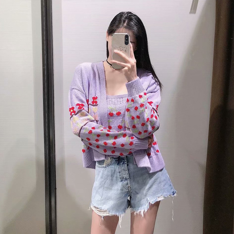 Women Sweet Cherry Print Open Stitching Knitted Sweater Female Chic Color Match Patchwork Loose Cardigans Tops 210521
