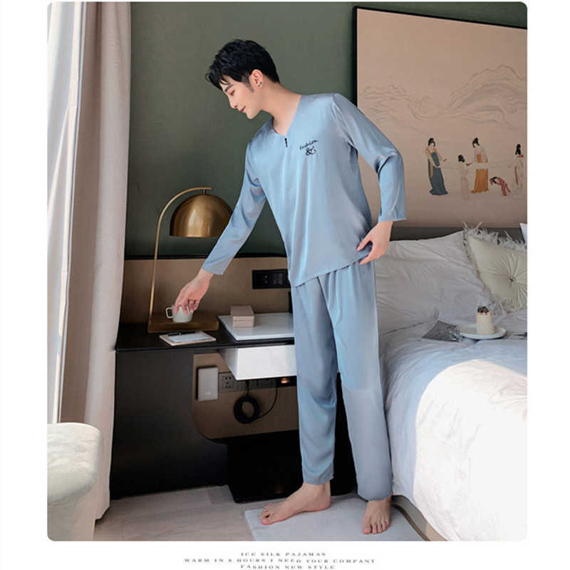 men's ice silk pajamas suit men's long-sleeved thin pajamas men's sleeping lounge home wear soft and comfortable pajamas 211019