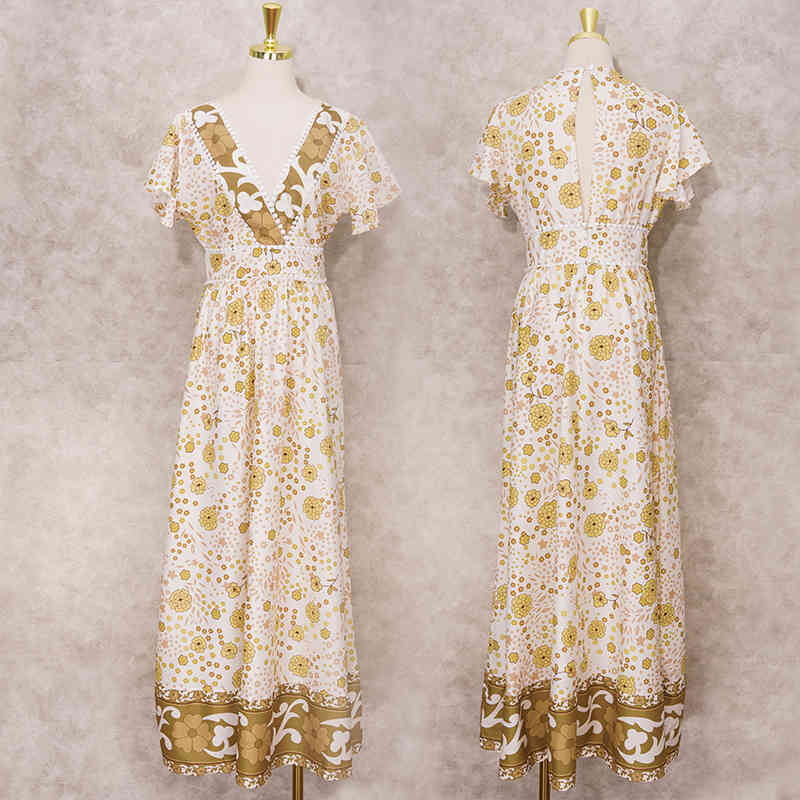 Yellow Boho Print Short Sleeve Summer Beach Dress Long Tunic Women Beachwear Sexy Deep V-neck Bathing Suit Cover Up A841 210420
