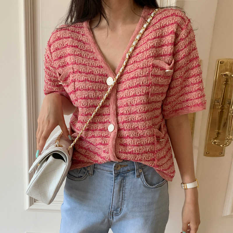 Korejpaa Women Sweater Summer Korean Chic Retro Temperament V-Neck Multi-Pocket Loose Button Short-Sleeved Knitted Cardigan 210526