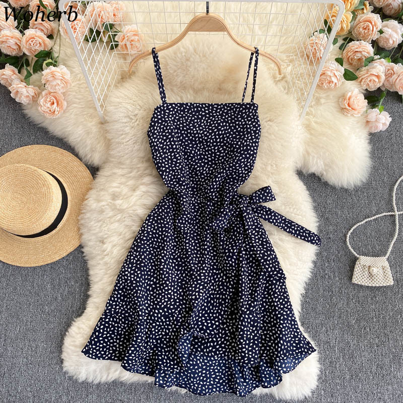 Seaside Holiday Dress Women's Summer Robe Temperament Slim Ruffles Mini Dresses Sleeveless Chiffon Sling Vestidos 210519