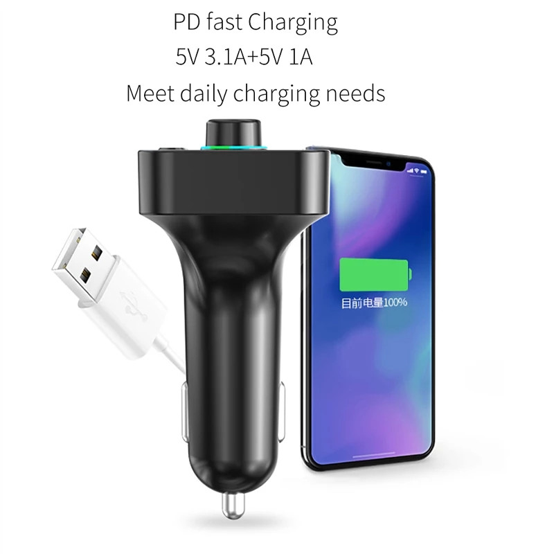 Bluetooth Car Kit Handsfree Talk Wireless 5.0 FM Transmitter USB Charger Adapter With Colorful Ambient Light LED Display MP3 Audio Music Player