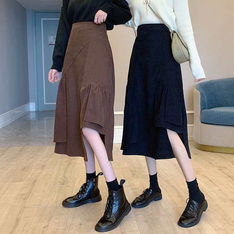 Nomikuma Irregular Ruffle Women Skirt Korean High Waist Causal Skirts Autumn Winter Bottoms New A-line Mujer Faldas 6D134 210427