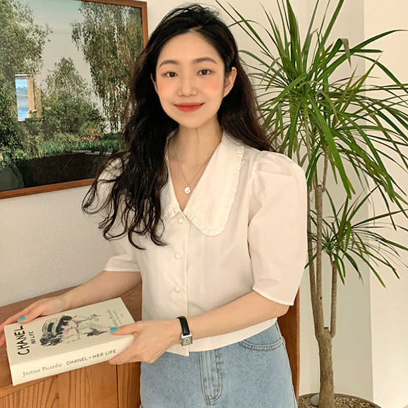 Korejpaa Women Shirt Summer Korean Chic Simple Doll Collar Wooden Ear Stitching Loose Single-Breasted Puff Sleeve Blouses 210526