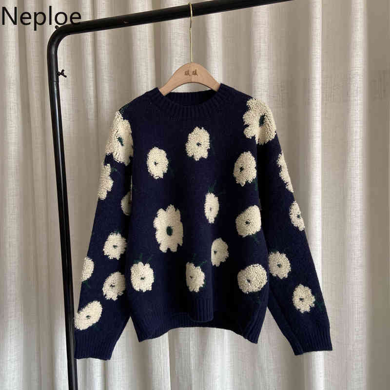 Neploe Embroidery Pullovers O-neck Long Sleeve Thicked Sweaters for Women Winter Clothes Chic Warm Jumper Sueter Mujer 4H121 210422